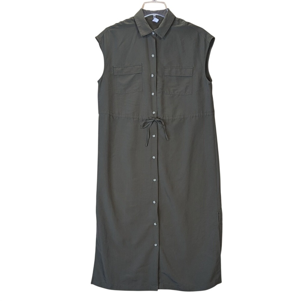 Old Navy Womens Boxy Utility Military Green Midi Shirt Dress Size S Lightweight